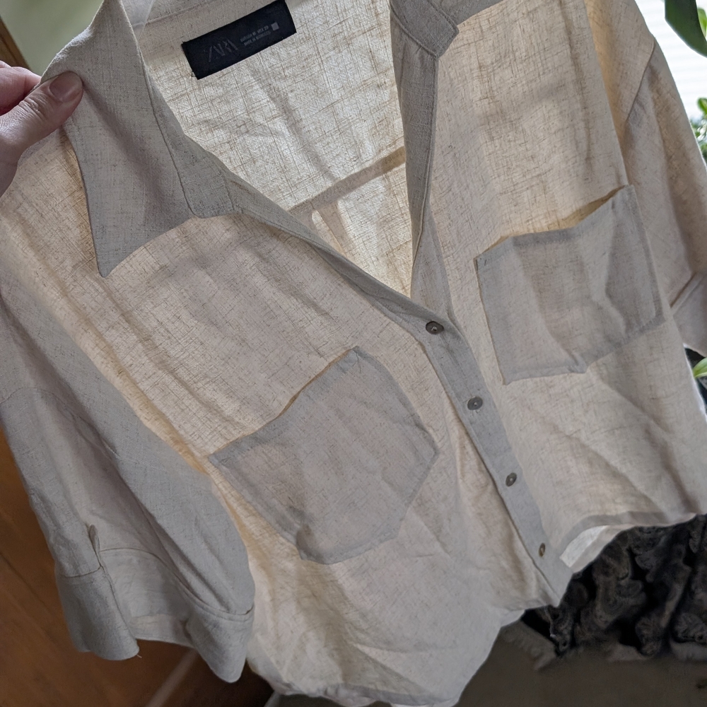 Zara Light Beige Linen-Blend Button Down Shirt